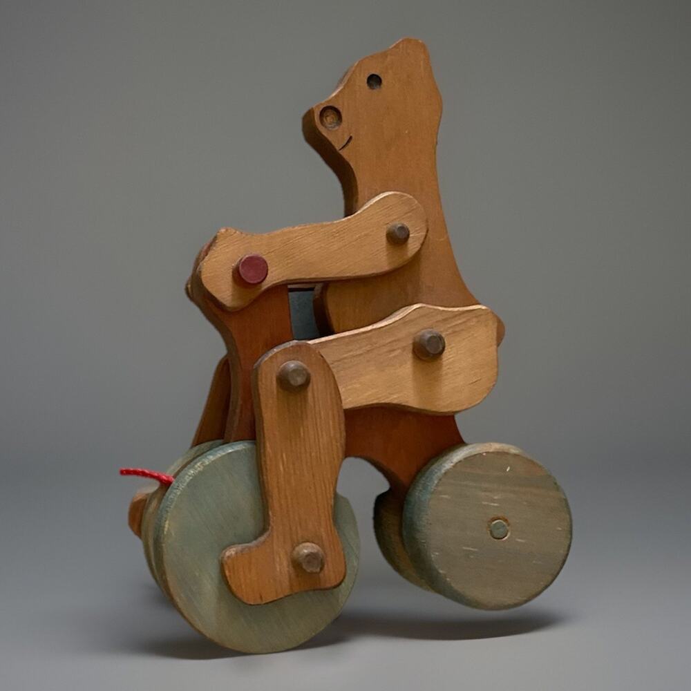 Vintage Lark Wooden Bilberry Bear On A Bicycle Pull Toy 10"Hx7"Lx3"W